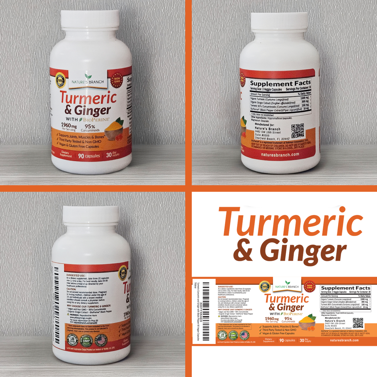 Natures Branch Turmeric and Ginger three bottles showing the label