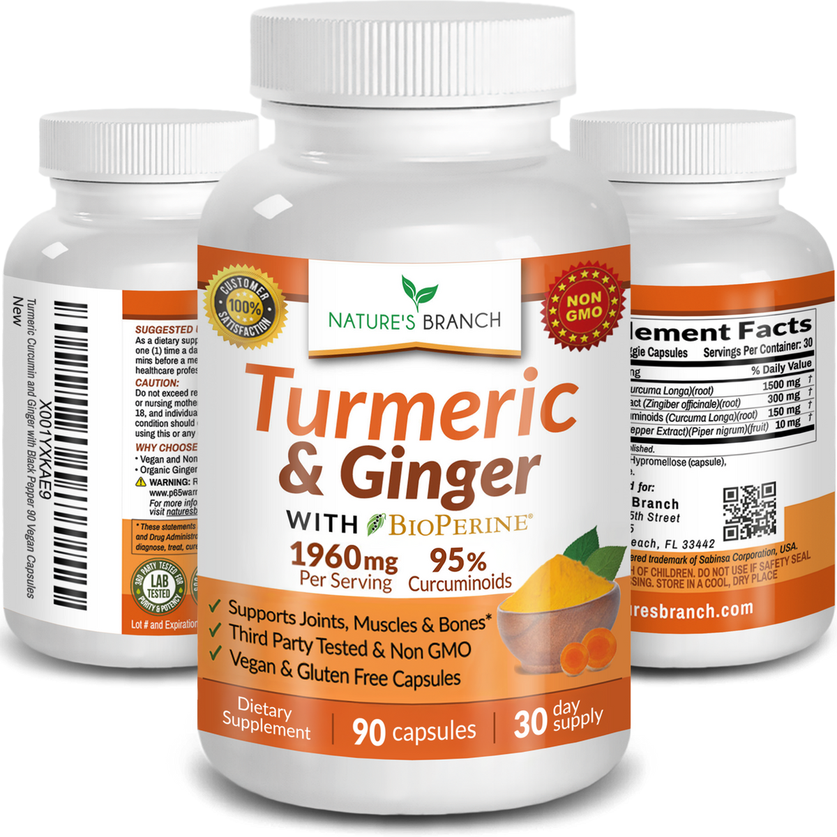 Nature's Branch Turmeric and Ginger with BioPerine supplement bottle for joint support