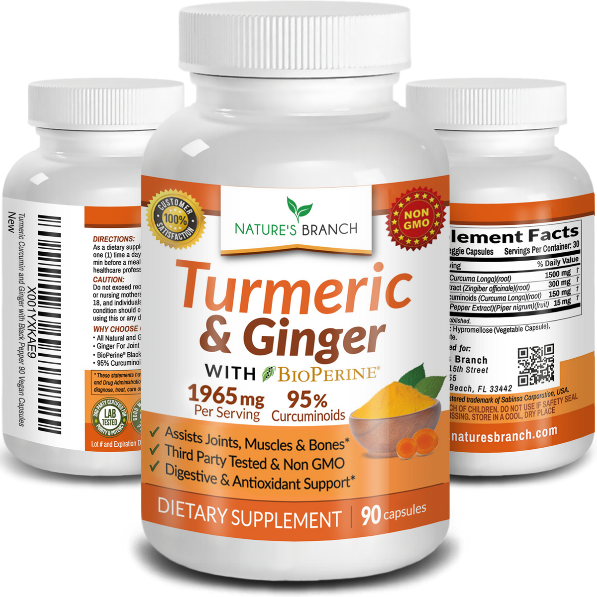 Nature&#39;s Branch Turmeric and Ginger with BioPerine supplement bottle for joint support
