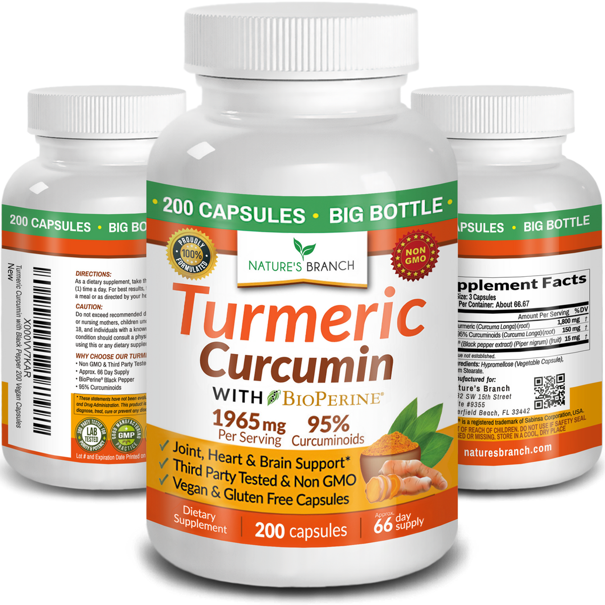 Nature&#39;s Branch Turmeric Curcumin and BioPerine Black Pepper three bottles