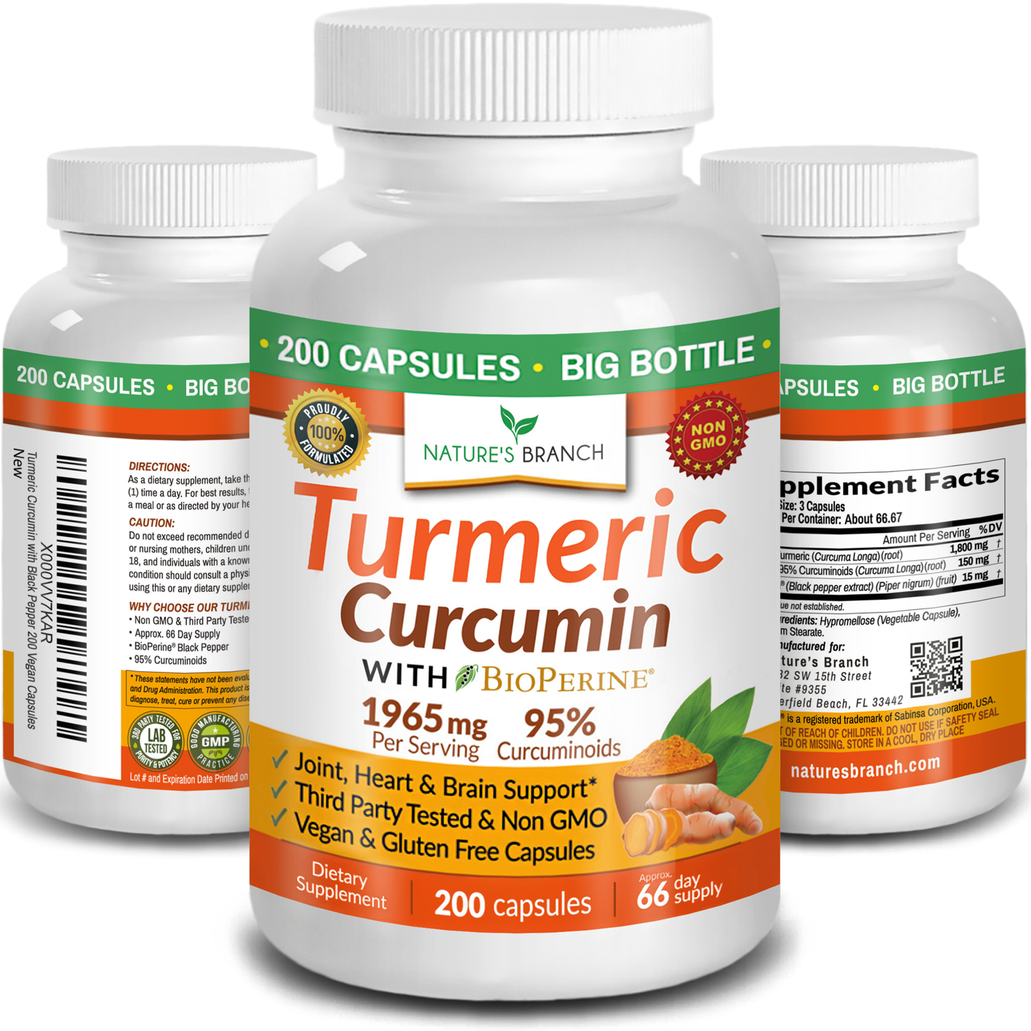 Nature's Branch Turmeric Curcumin and BioPerine Black Pepper three bottles