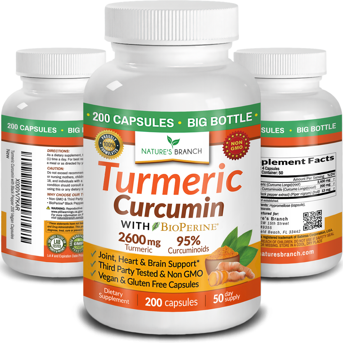Three bottles of Nature's Branch Turmeric Curcumin supplement on a white background