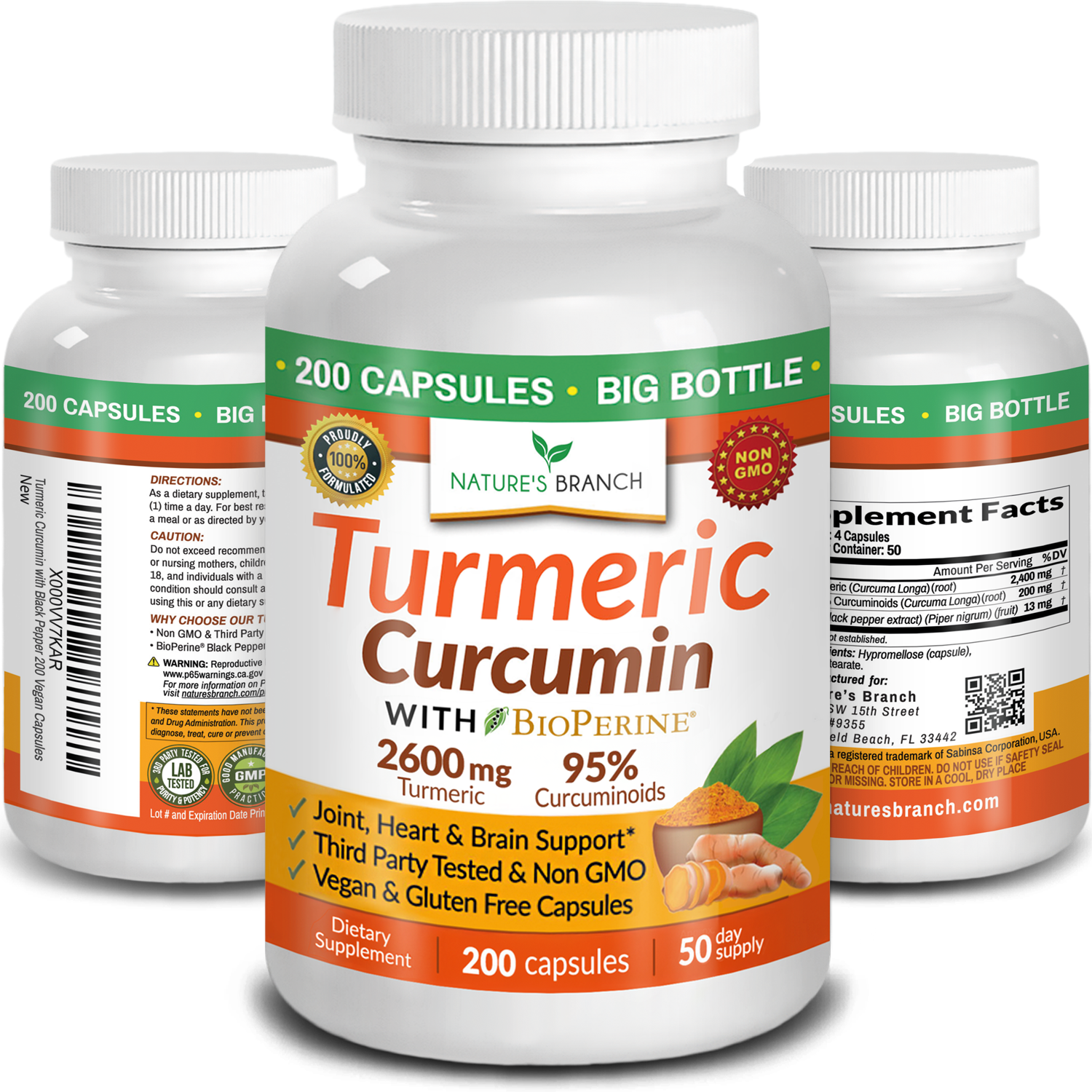 Three bottles of Nature's Branch Turmeric Curcumin supplement on a white background