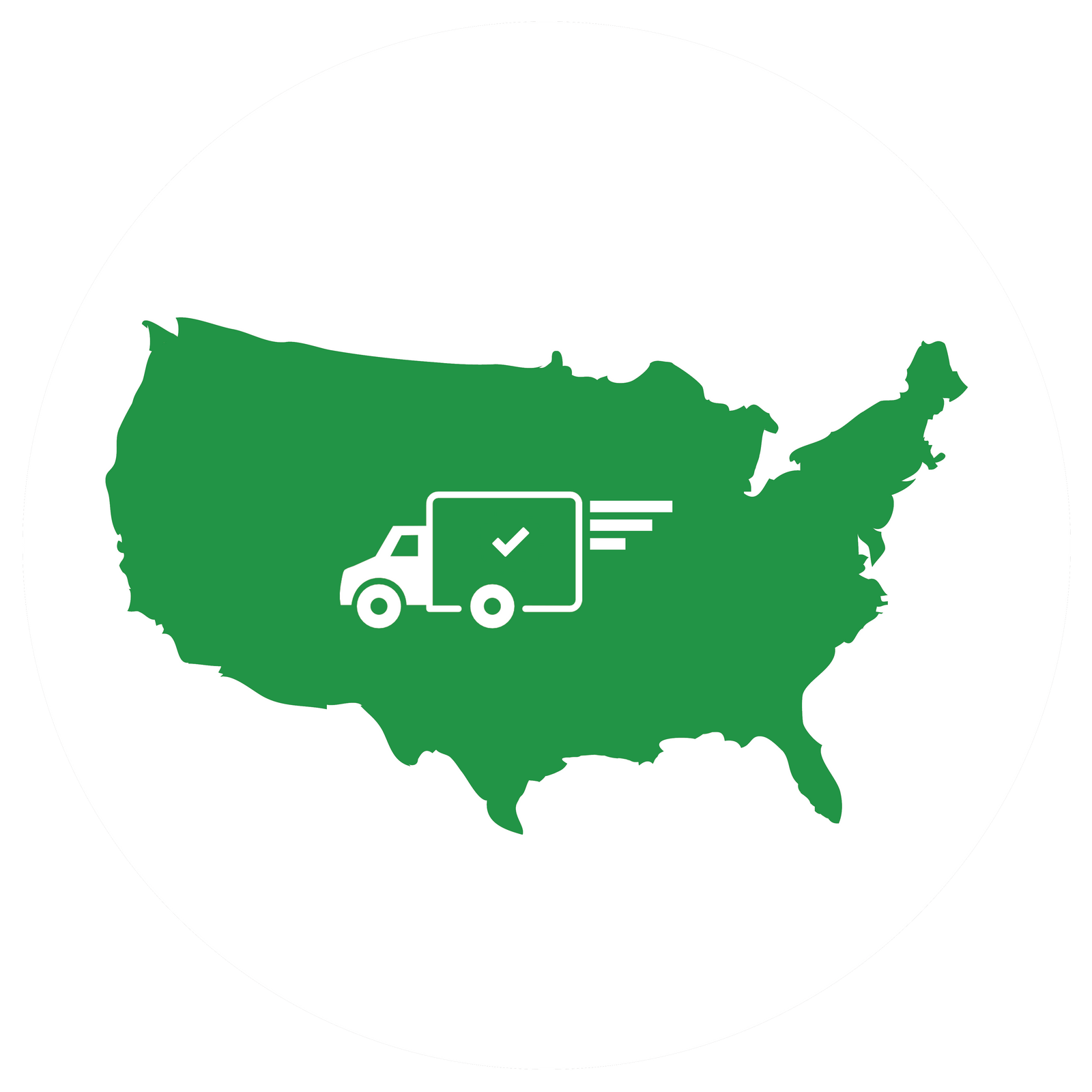 A green map of the United States with a white truck icon driving across it