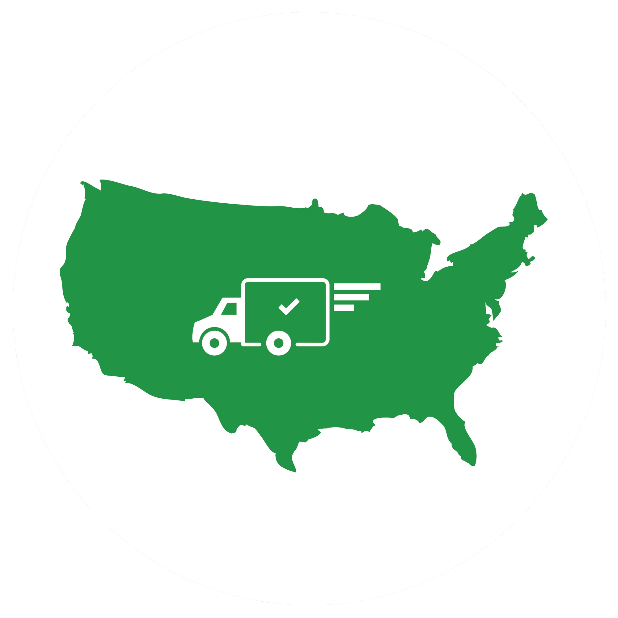 A green map of the United States with a white truck icon driving across it