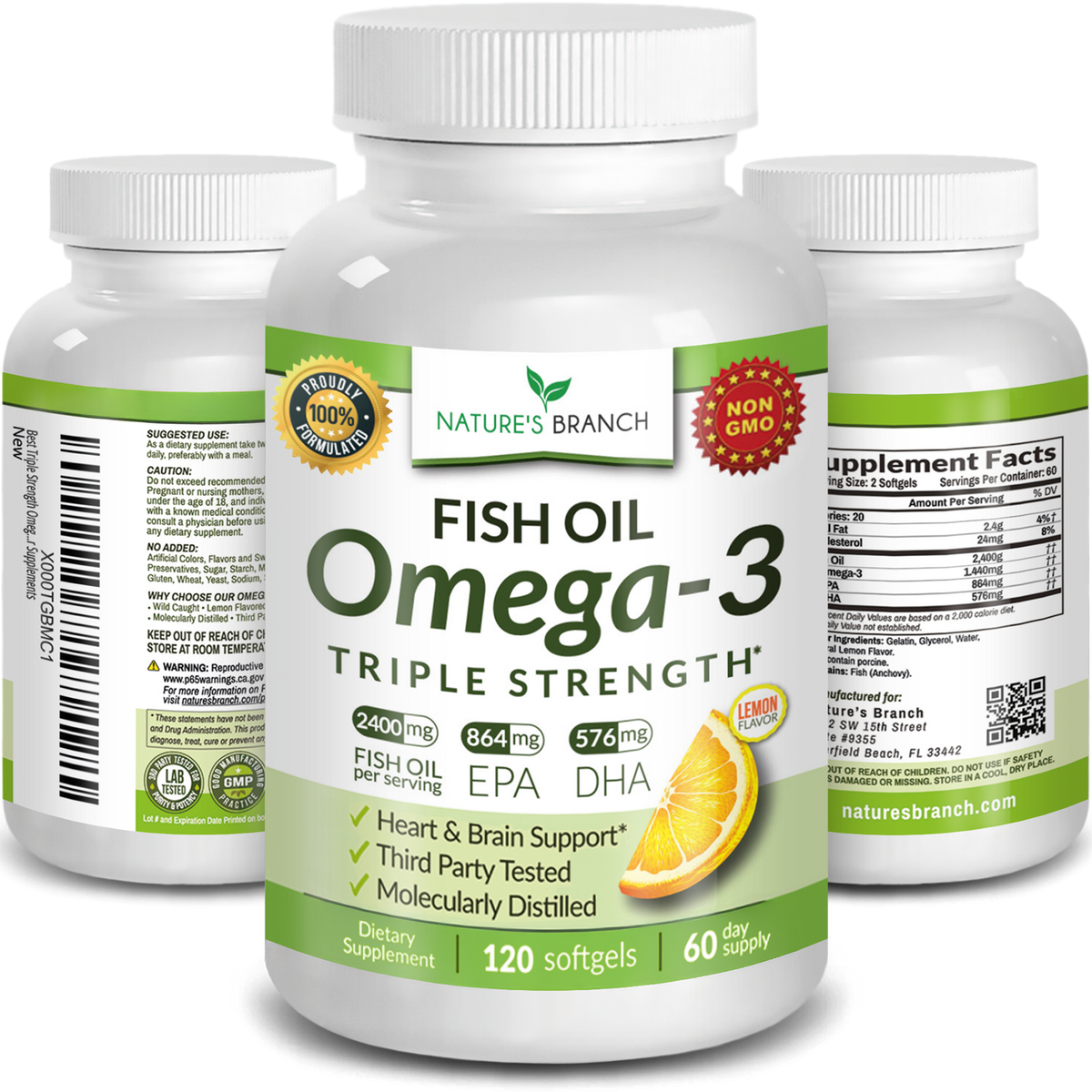 Nature&#39;s Branch Fish Oil Omega-3 Triple Strength supplement bottle with a white background