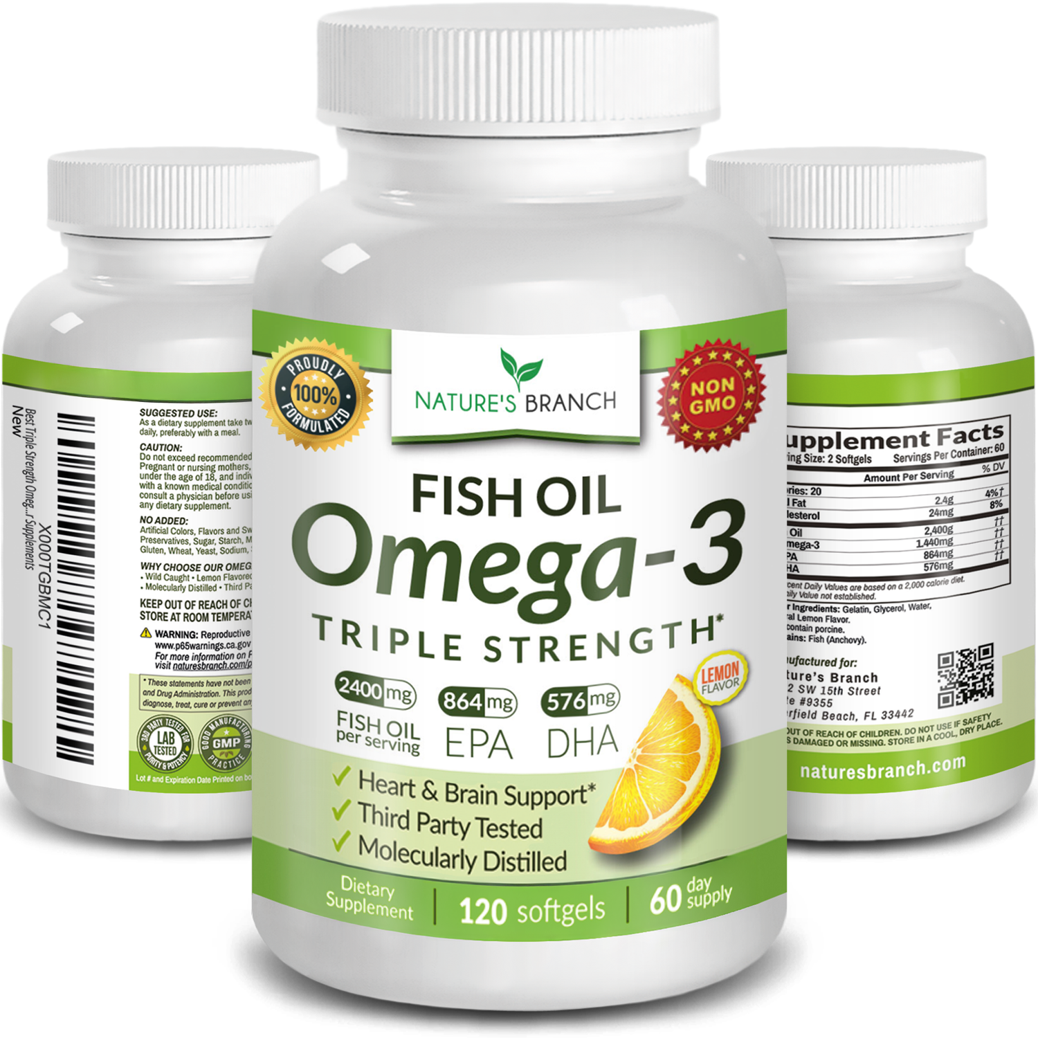 Nature's Branch Fish Oil Omega-3 Triple Strength supplement bottle with a white background