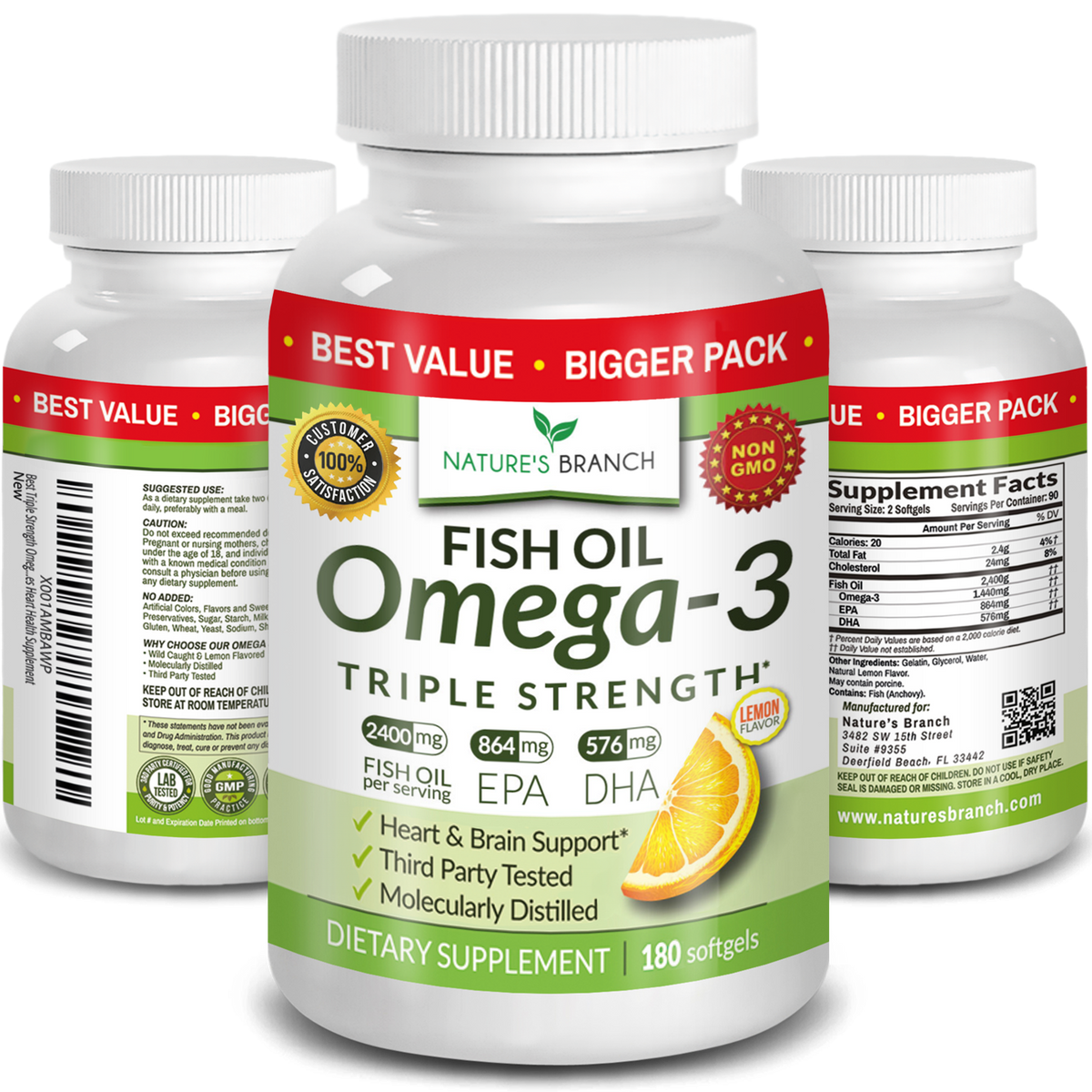 Nature&#39;s Branch Omega 3 Fish Oil 180 softgels supplement bottles