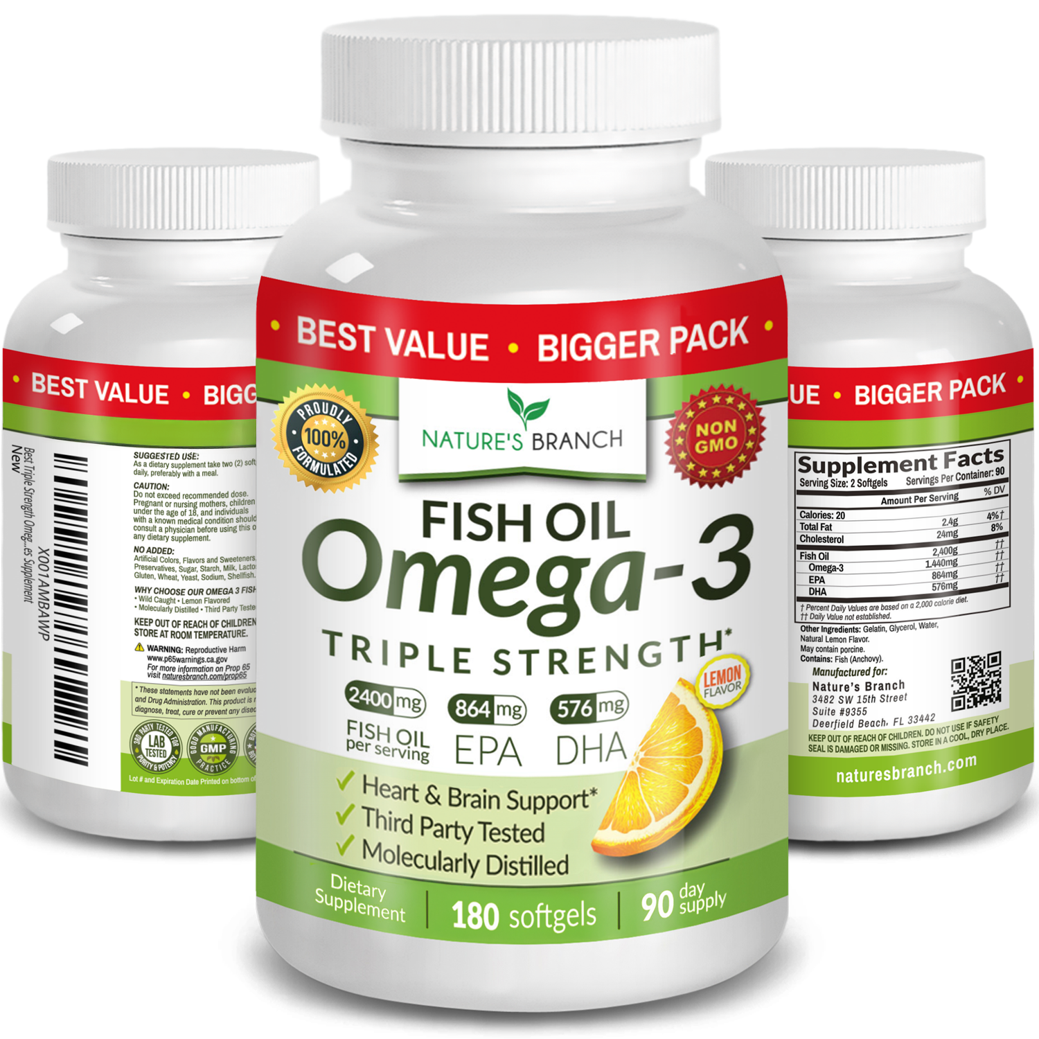 Nature's Branch Omega 3 Fish Oil 180 softgels supplement bottles