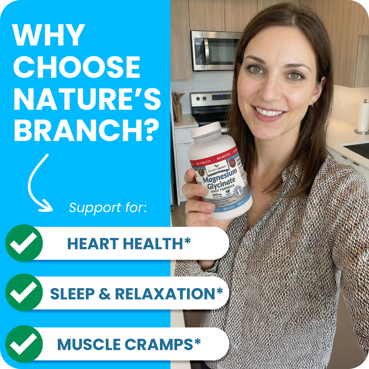 Woman holding a supplement bottle with text about choosing Nature's Branch products for heart health, sleep, relaxation, and muscle cramps.