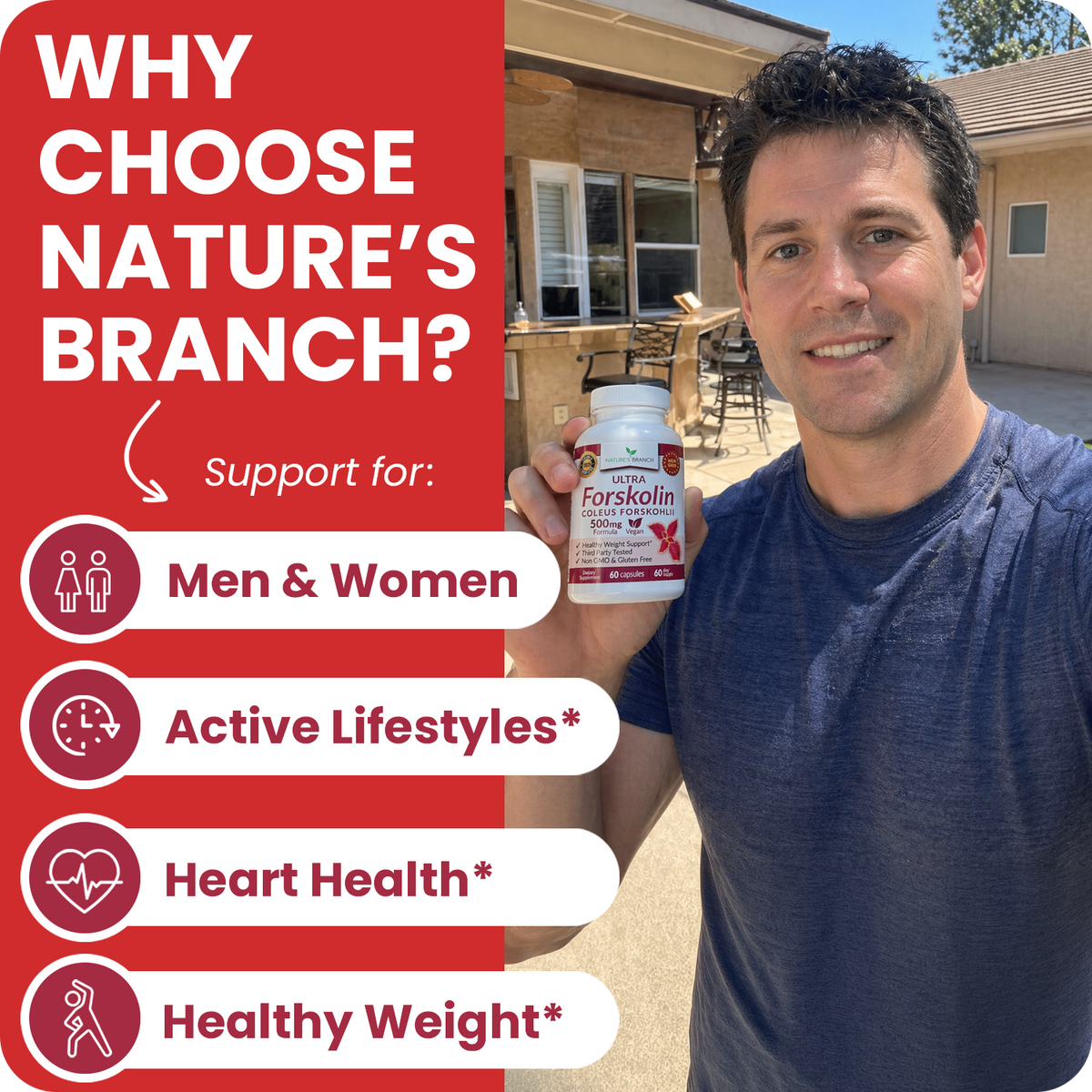 Man holding Nature's Branch Forskolin bottle with benefits
