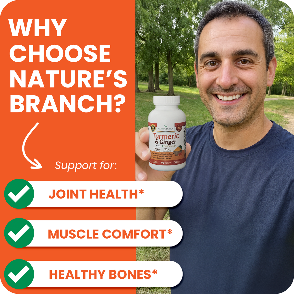 Man holding a bottle of Nature's Branch supplement with promotional text about joint health, muscle comfort, and healthy bones.