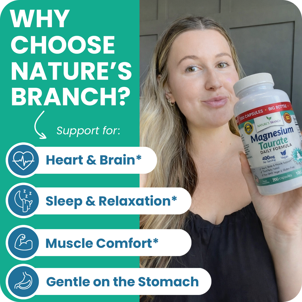 Woman holding a supplement bottle with text about choosing Nature's Branch products.