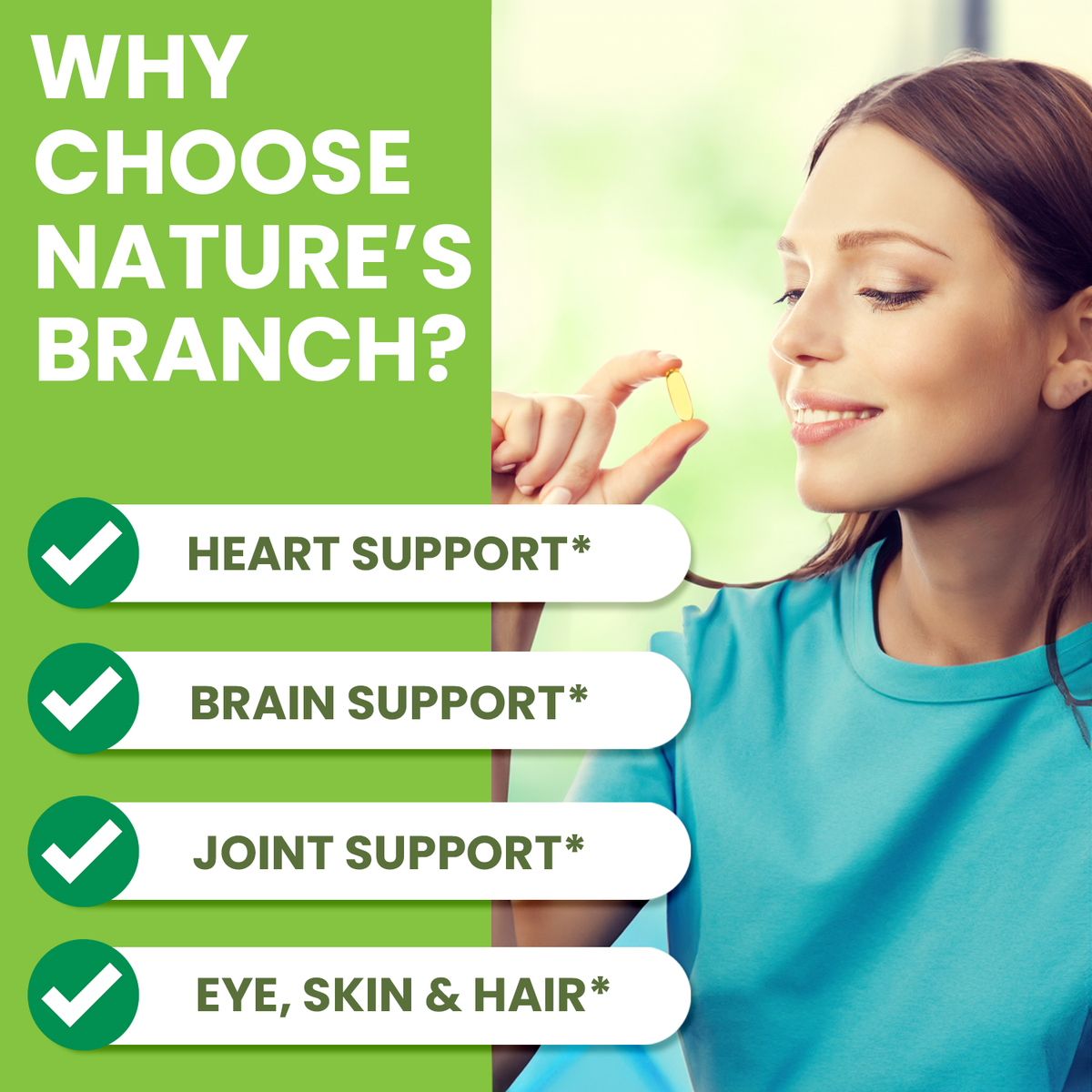 Woman holding a supplement with text about nature&#39;s branch products on a green background