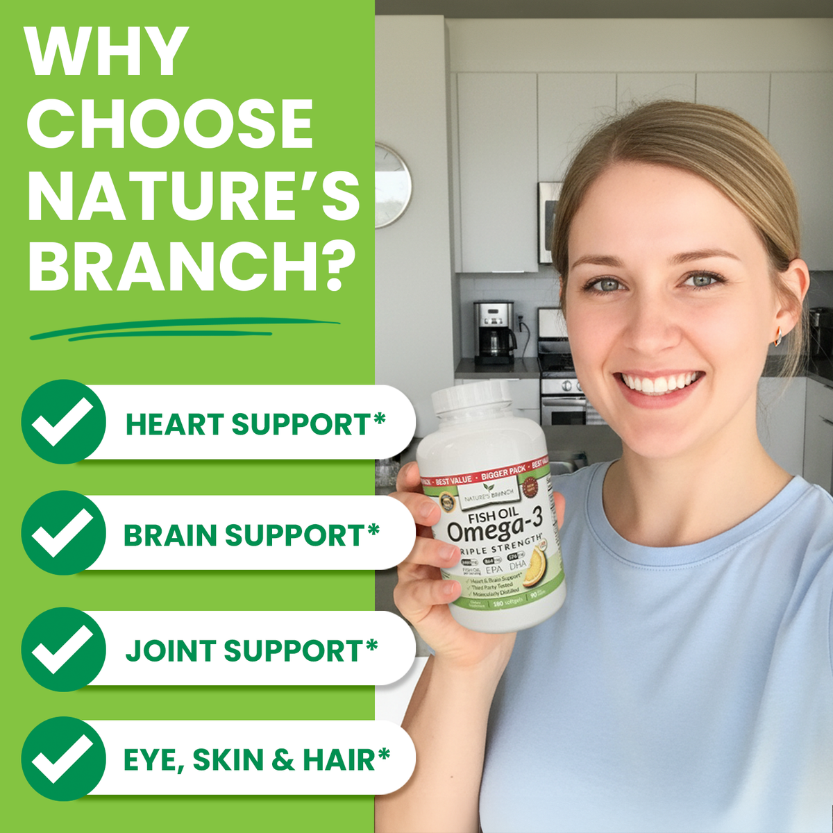 Woman holding an Omega 3 Fish Oil bottle in a grey kitchen with benefits