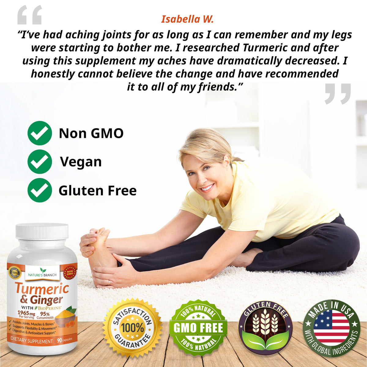 A woman stretching and providing a review of Nature&#39;s Branch Turmeric and Ginger with BioPerine