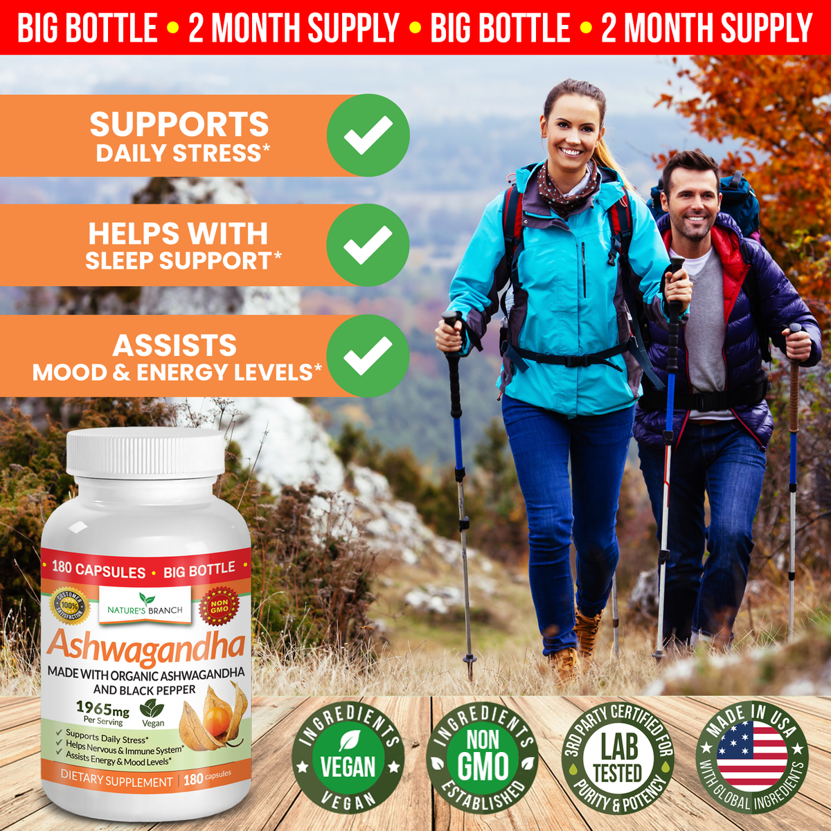 Man and Woman hiking with a Nature&#39;s Branch Organic Ashwagandha and Black Pepper bottle