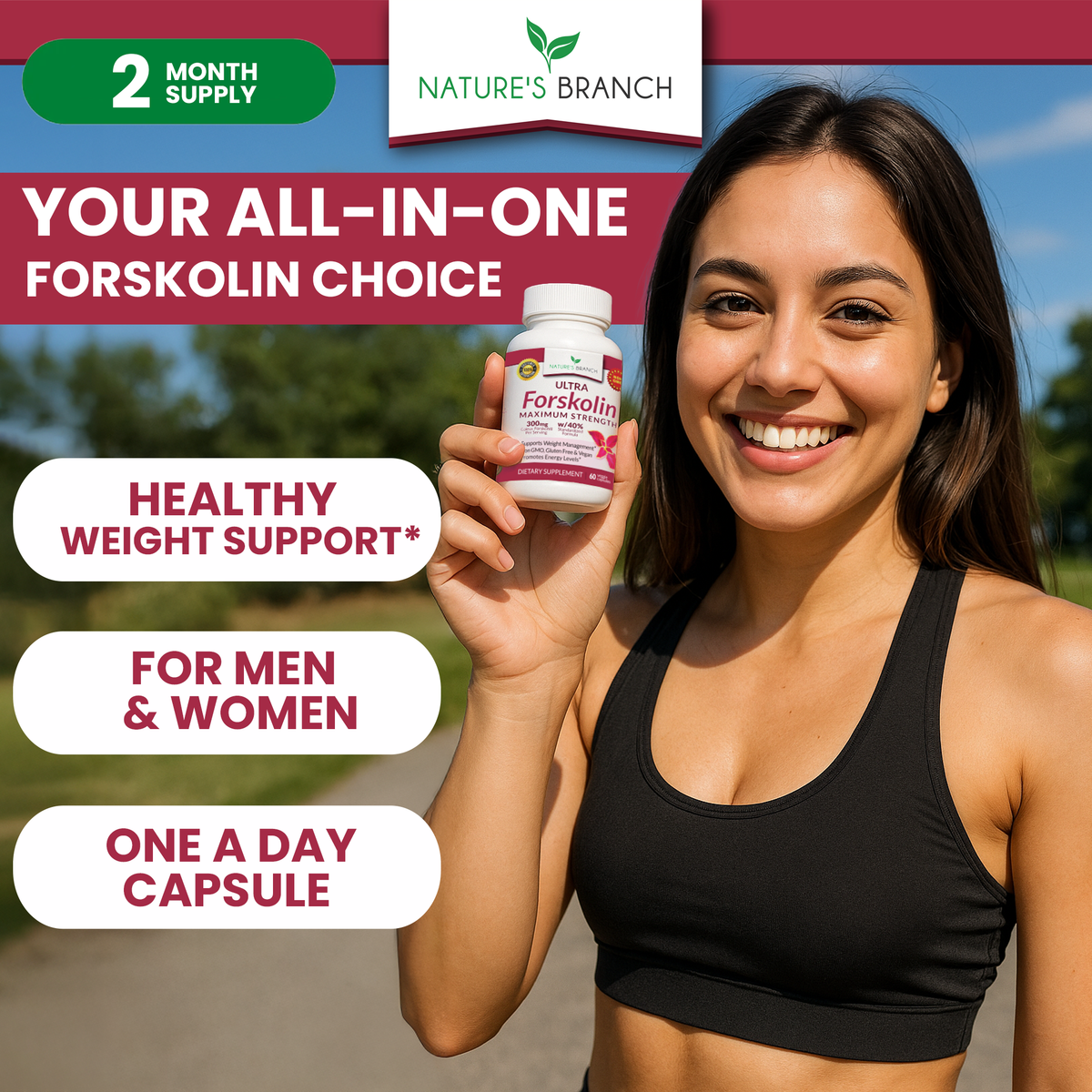 Woman holding a supplement bottle with promotional text about Forskolin on a scenic background