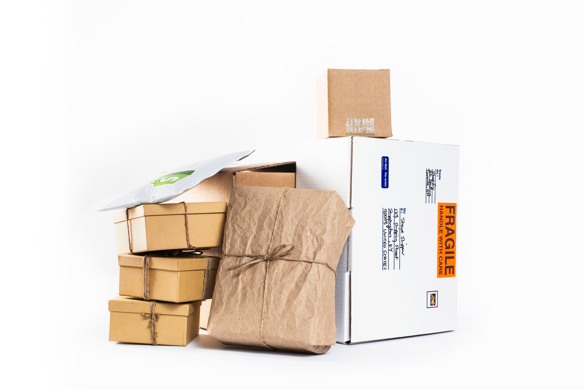 Boxes, packages and items representing Nature's Branch shipping deliveries