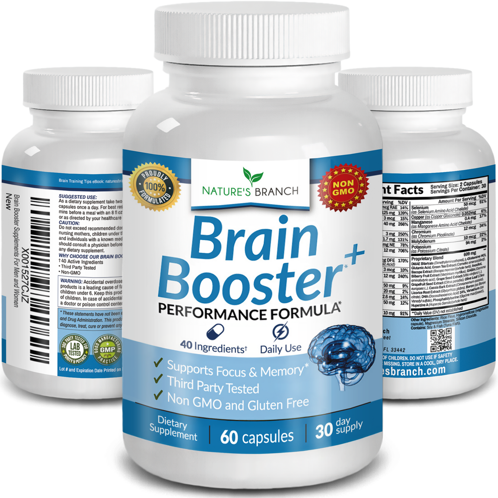 Nature's Branch Brain Booster supplement bottle with additional bottles in the background on a white background