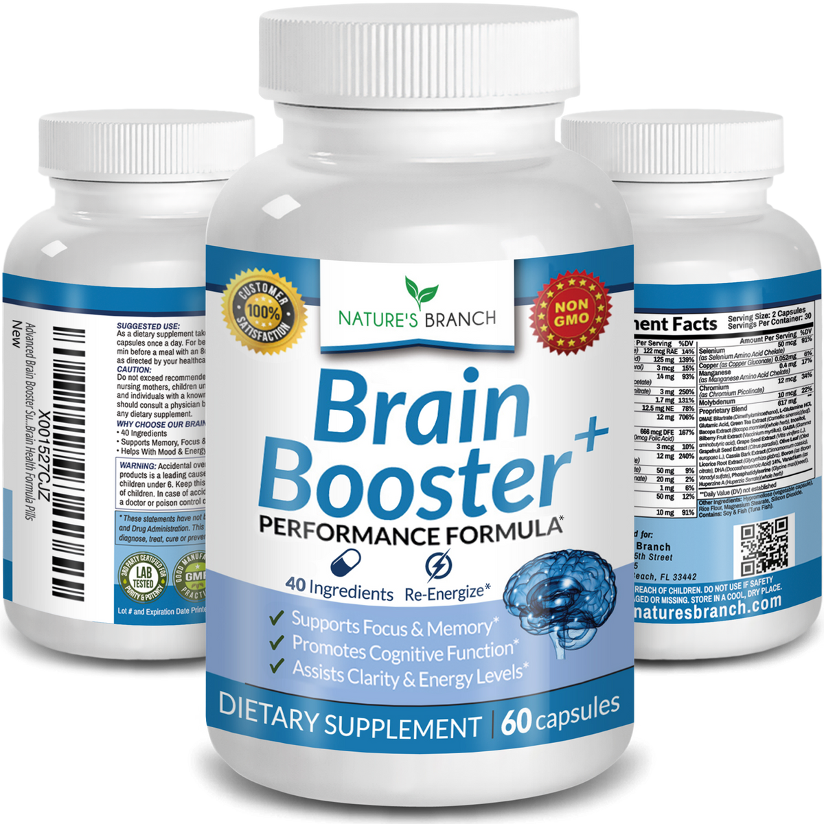 Nature&#39;s Branch Brain Booster supplement bottles for focus, memory and clarity