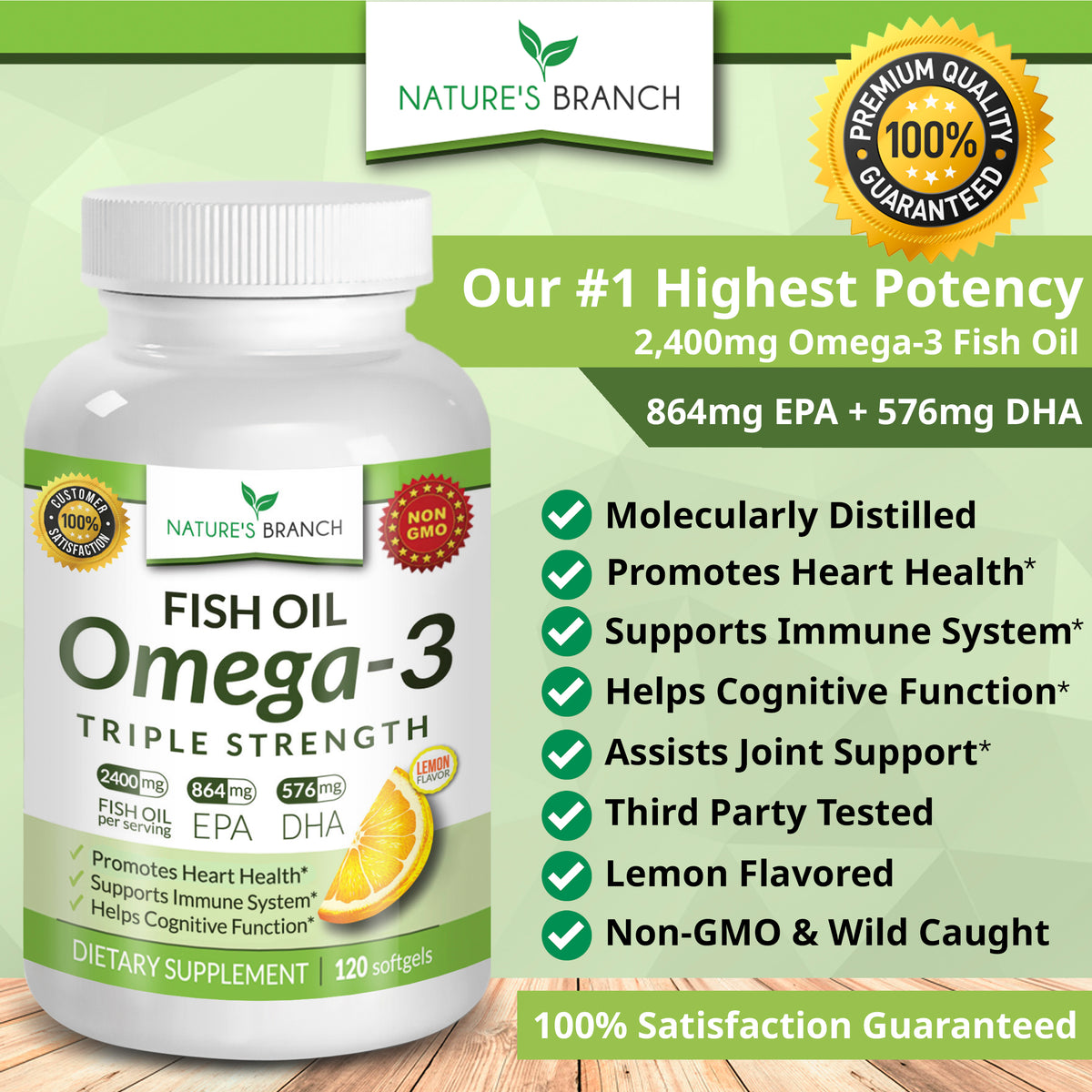 Nature&#39;s Branch Omega 3 Fish Oil infographic for heart health, brain function and immune system