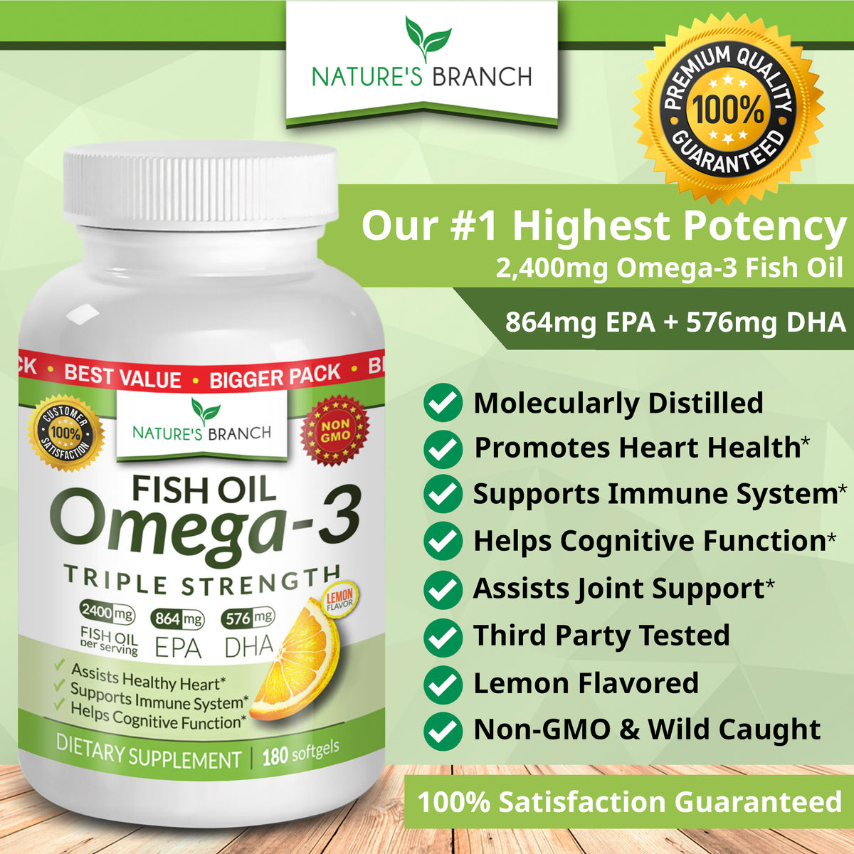 Nature&#39;s Branch Omega 3 Fish Oil bottle with benefits showing lemon flavor and brain health