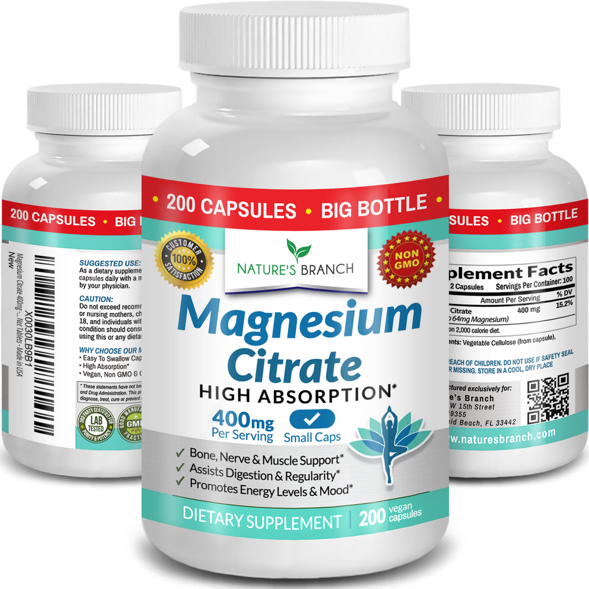 Nature&#39;s Branch Magnesium Citrate 400mg supplement bottles