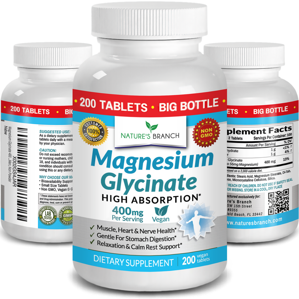 Nature&#39;s Branch Magnesium Glycinate 400mg supplement bottles