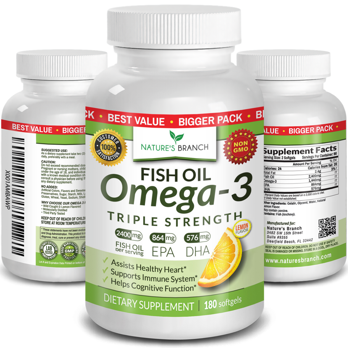 Nature&#39;s Branch Omega 3 Fish Oil 180 softgels supplement bottles