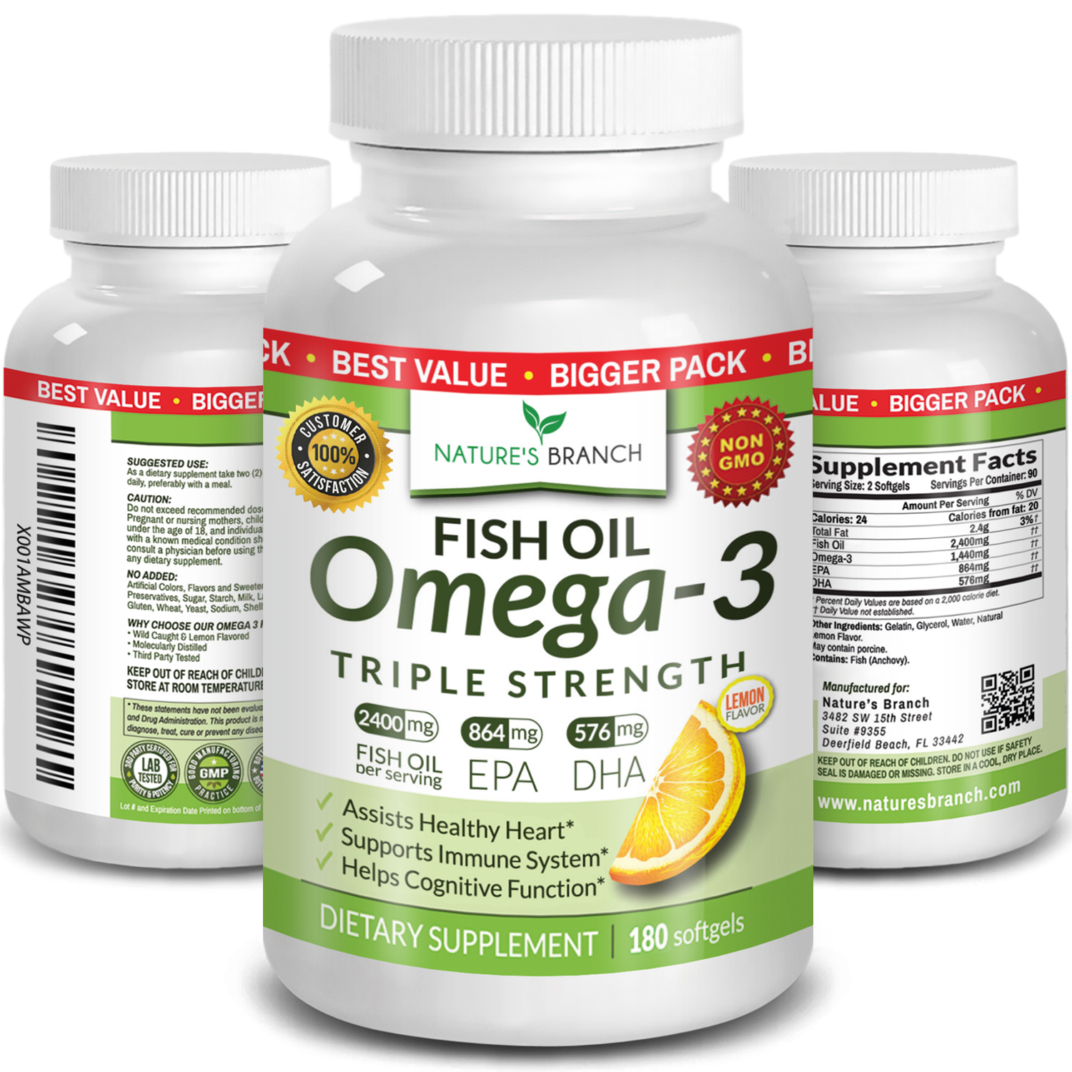 Nature's Branch Omega 3 Fish Oil 180 softgels supplement bottles